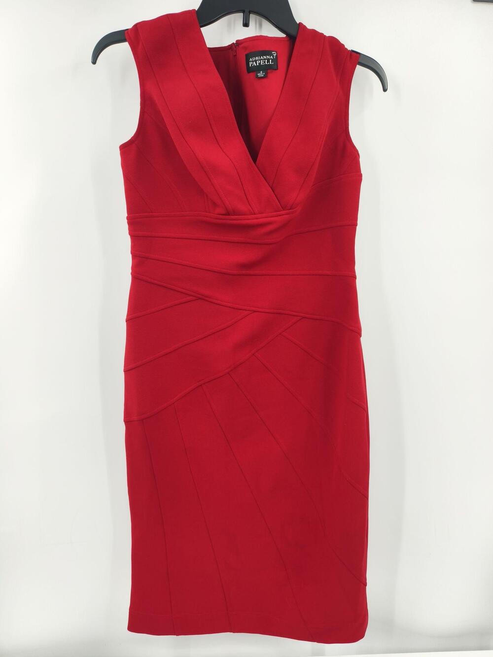 Adrianna Papell Dress Womens 4 Red Sheath Knee Length V-Neck Polyester Blend